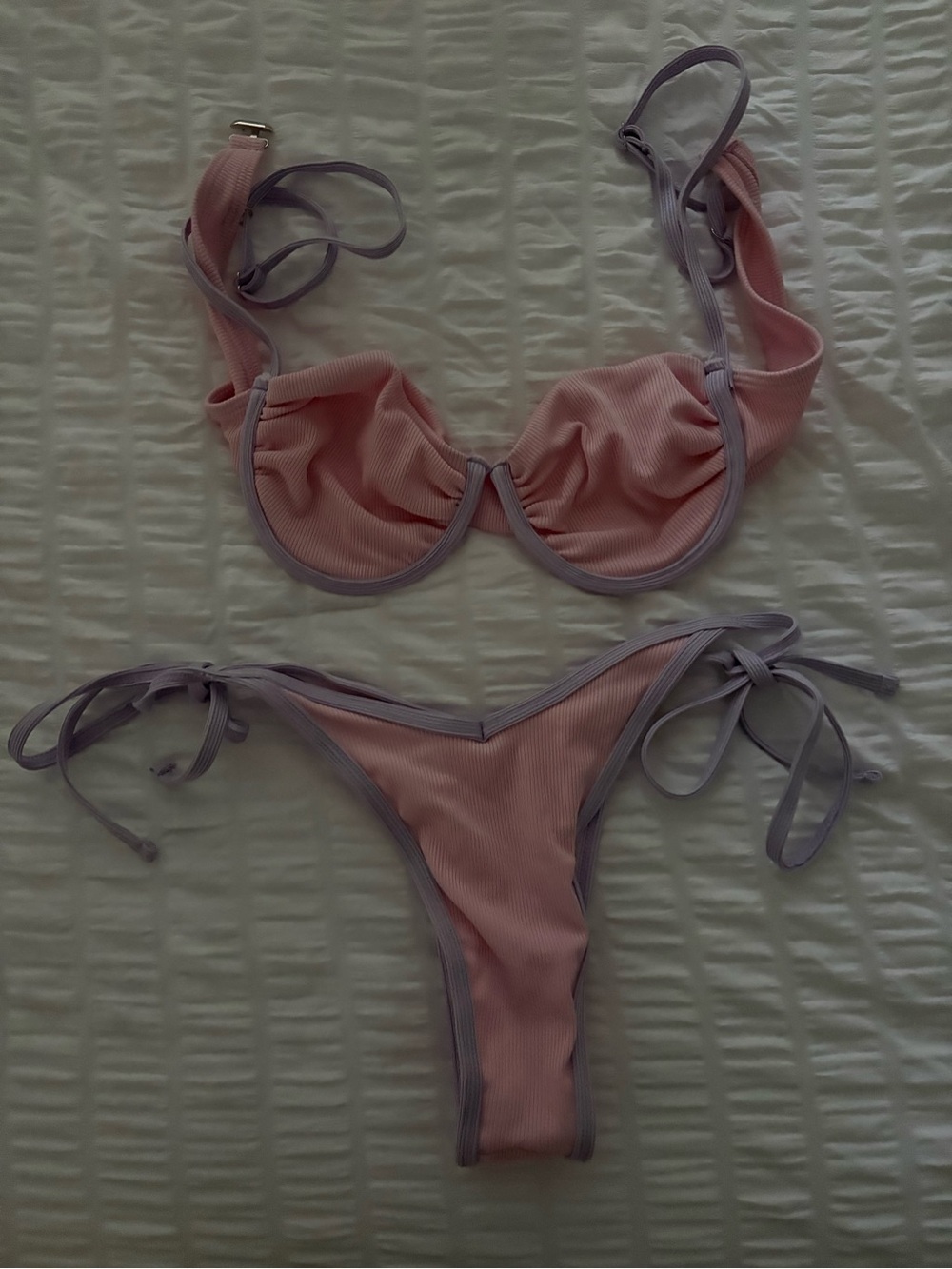 Women's Pink Ribbed Two-Piece Bikini with Contrast Trim